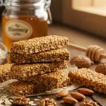 Homemade granola bars on a rustic kitchen table