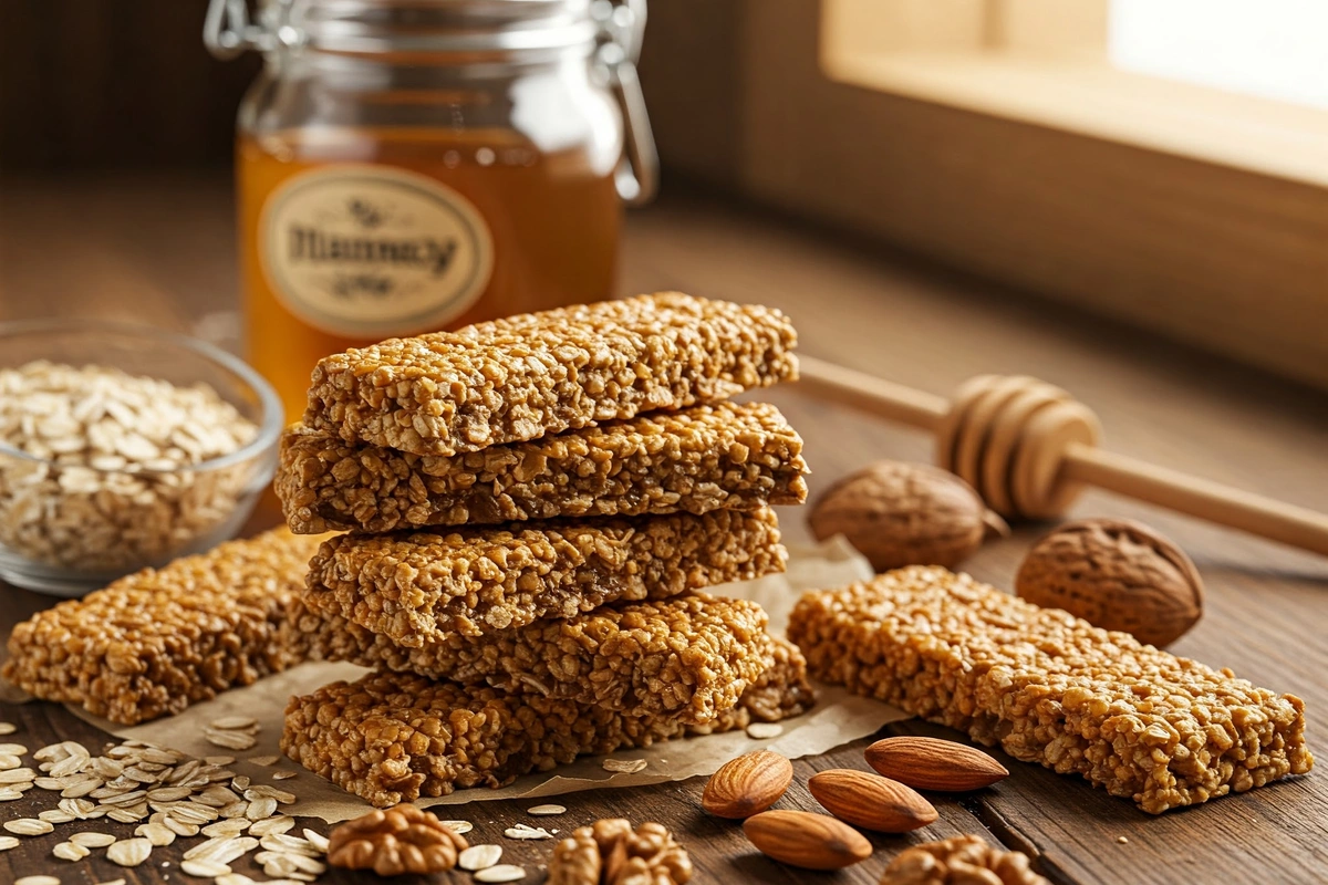 Homemade granola bars on a rustic kitchen table