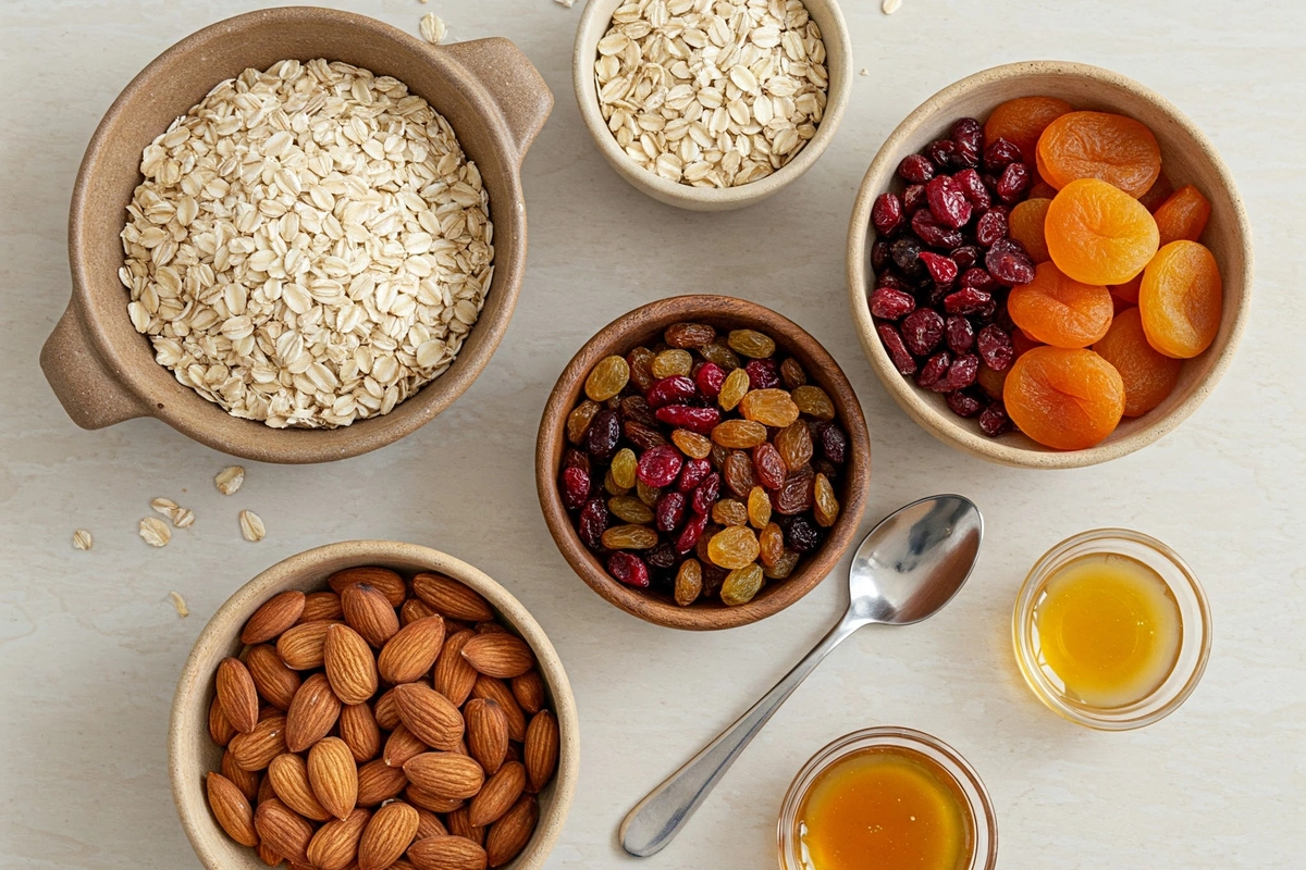 Granola bar ingredients in separate bowls